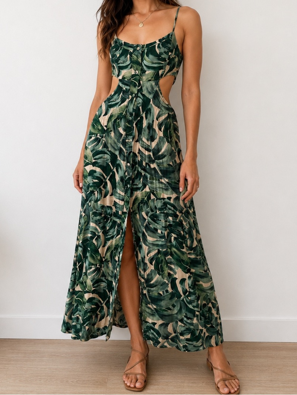 Green Leaf Tropical Print Cutout Backless Maxi Dress Vacation Resort Dress M